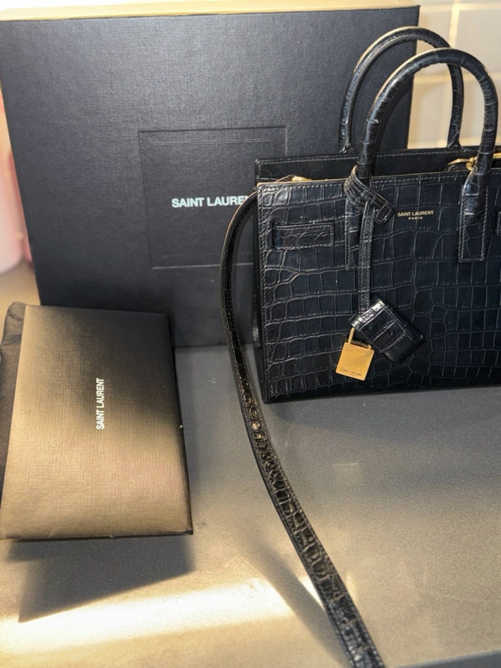 Saint Laurent Nano Black Croc-Embossed Sac De Jour Small Tote with Gold Hardware